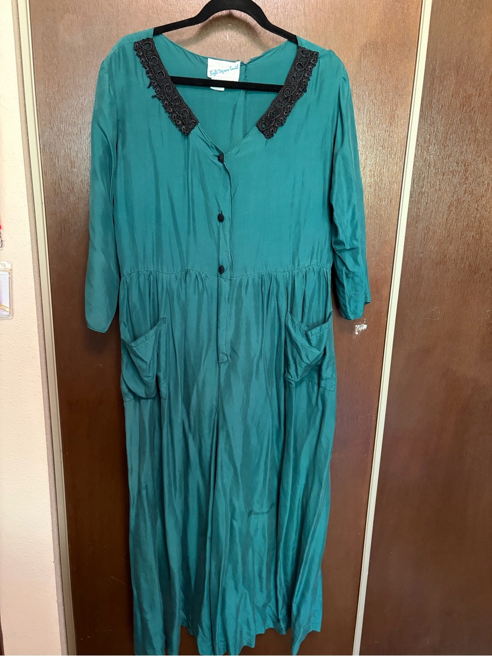 Teal Long Sleeve Button-Front Maxi Dress with Lace Collar